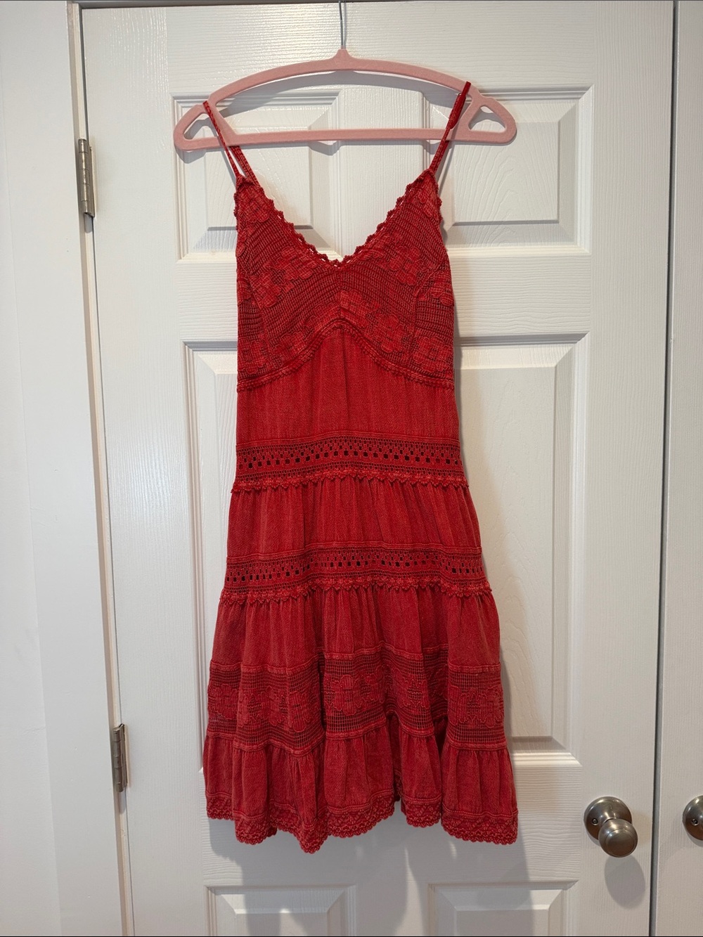 Scully Red Crochet Tiered Mini Dress
